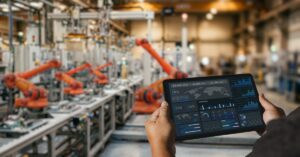An engineer holding a tablet in a manufacturing factory with robotic automation. The tablet shows analytics and data.